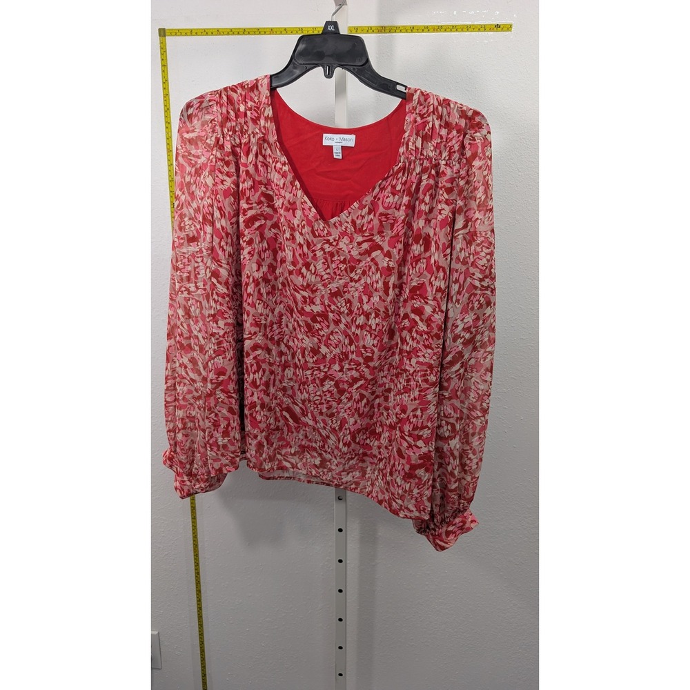 Koko+Mason Womens Pink Red Abstract Floral V-Neck Long Sleeve Blouse Size Large